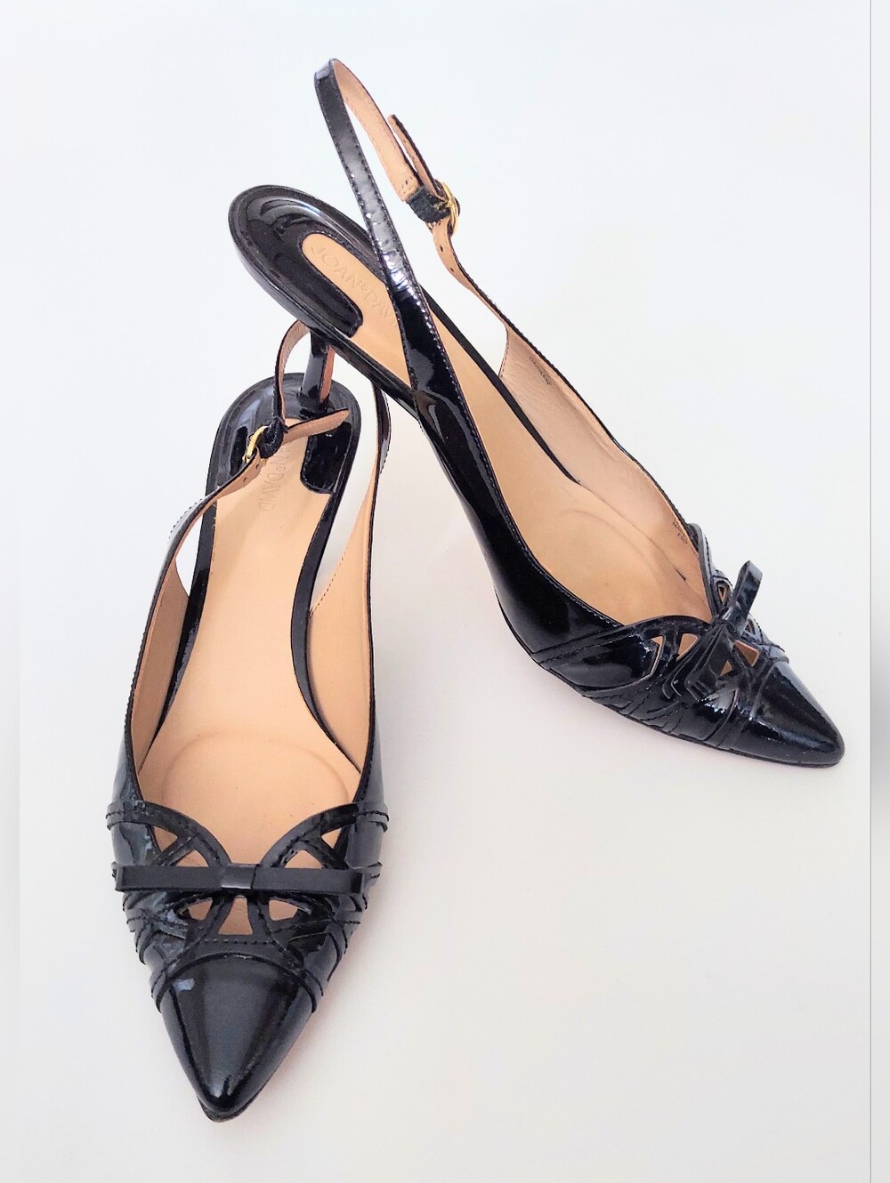 Joan & David Black Patent Leather Bow Pointed Toe Slingback Kitten Heels Sz 7.5M